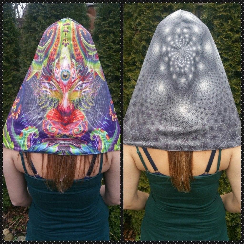 Cat Goddess & Flower of Life Reversible Chain Hood